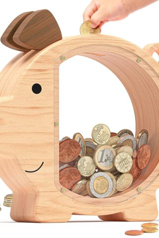 Summidate Wooden Piggy Bank for Kids Large Money Bank for Boys Girls,Cute Unbreakable Wood Money Box, Creative Saving Money Jar Personalized Gifts for Child Birthday Christmas & Decor(Patent Pending)